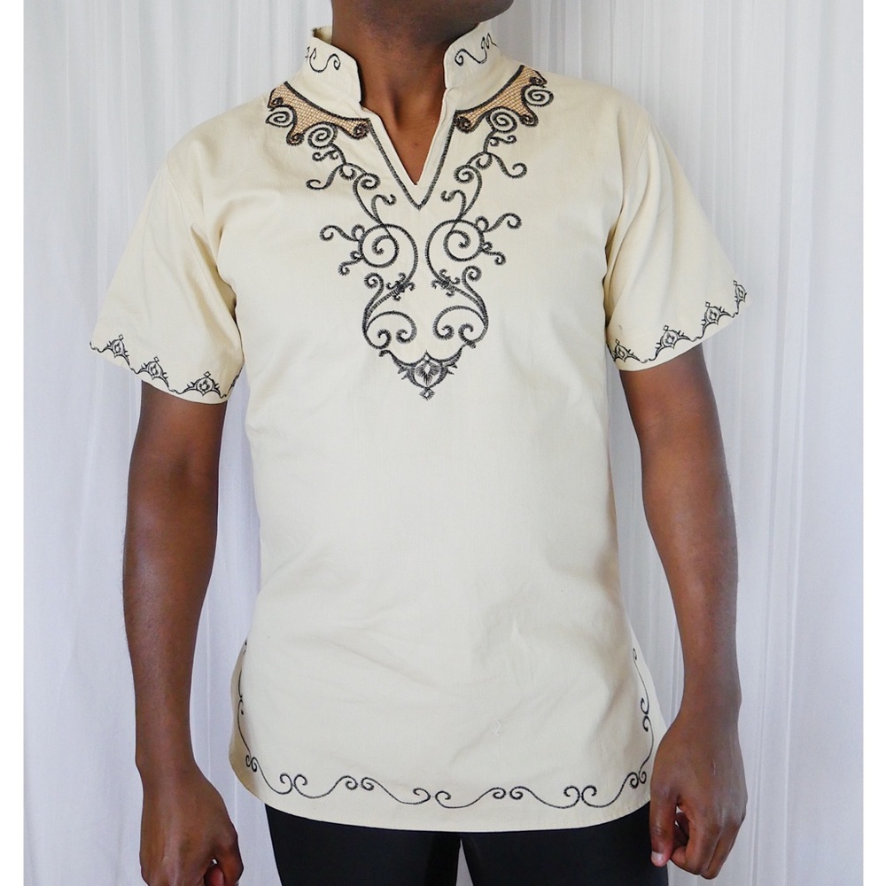 Men's African Embroidered Dashiki - Cream/Black